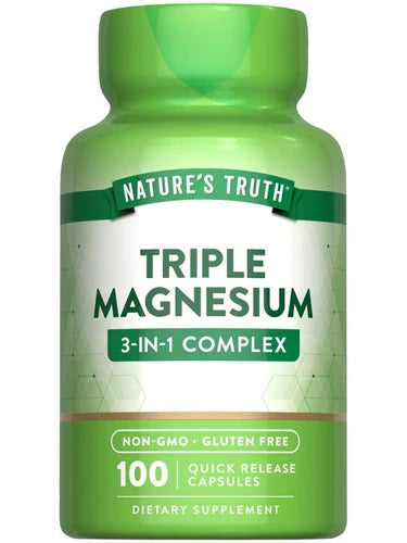 Green supplement bottle labeled 'Nature's Truth Triple Magnesium 3-in-1 Complex' on a white background