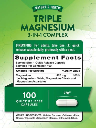 Nature's Truth Triple Magnesium 3-in-1 Complex supplement Label packaging with green and white design. 