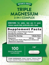 Nature's Truth Triple Magnesium 3-in-1 Complex supplement Label packaging with green and white design. 
