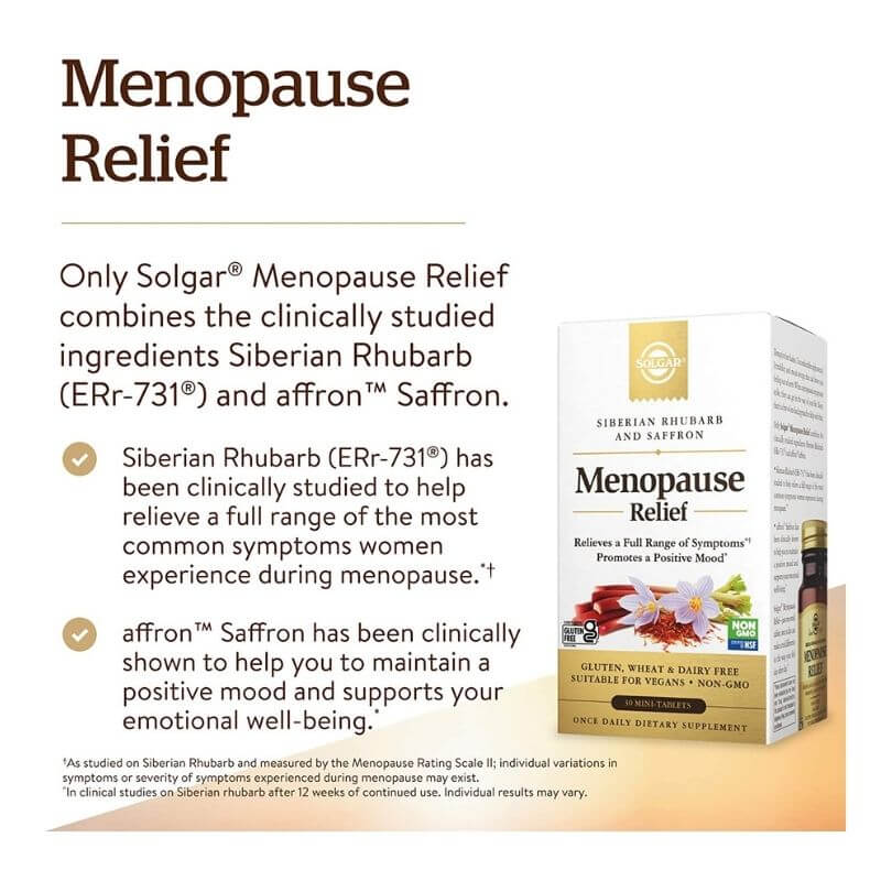 Solgar Menopause Relief Saffron Siberian Rhubarb Extract Label